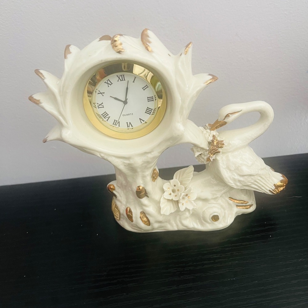 Rizzo Luigi Capodimonte Porcelain Swan Clock Italy White Gold Floral Vintage